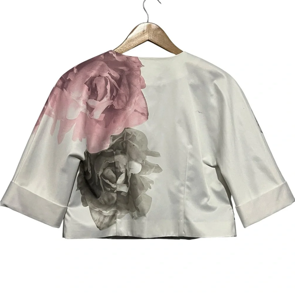 H&M Floral Satin Cropped Jacket Women's 12 Feminine Pink Grey White Snap Front - Picture 2 of 9